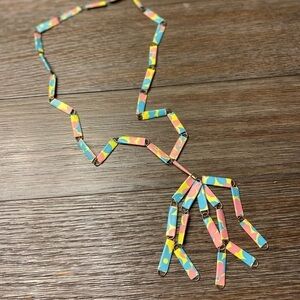 Womens colorful link fringe boho funky necklace silver hardware